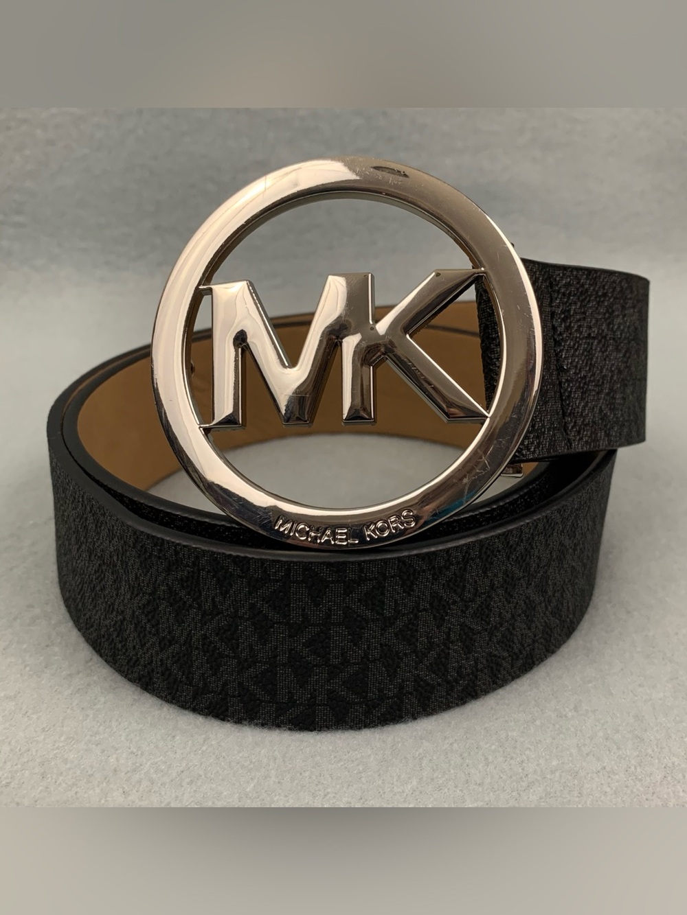 Michael Kors MK Logo Belt Gray Black Signature Monogram Silver Buckle Size Small